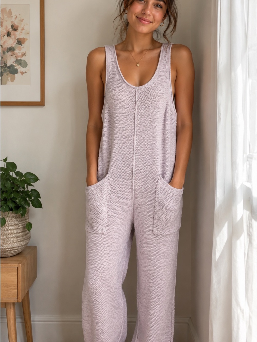 Free People-Lilac Knit Sleeveless Jumpsuit with Pockets